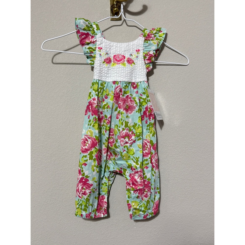 NWT Bonnie Baby Floral Romper Kids 3-6M Blue Pink Ruffle Sleeveless Sunsuit
